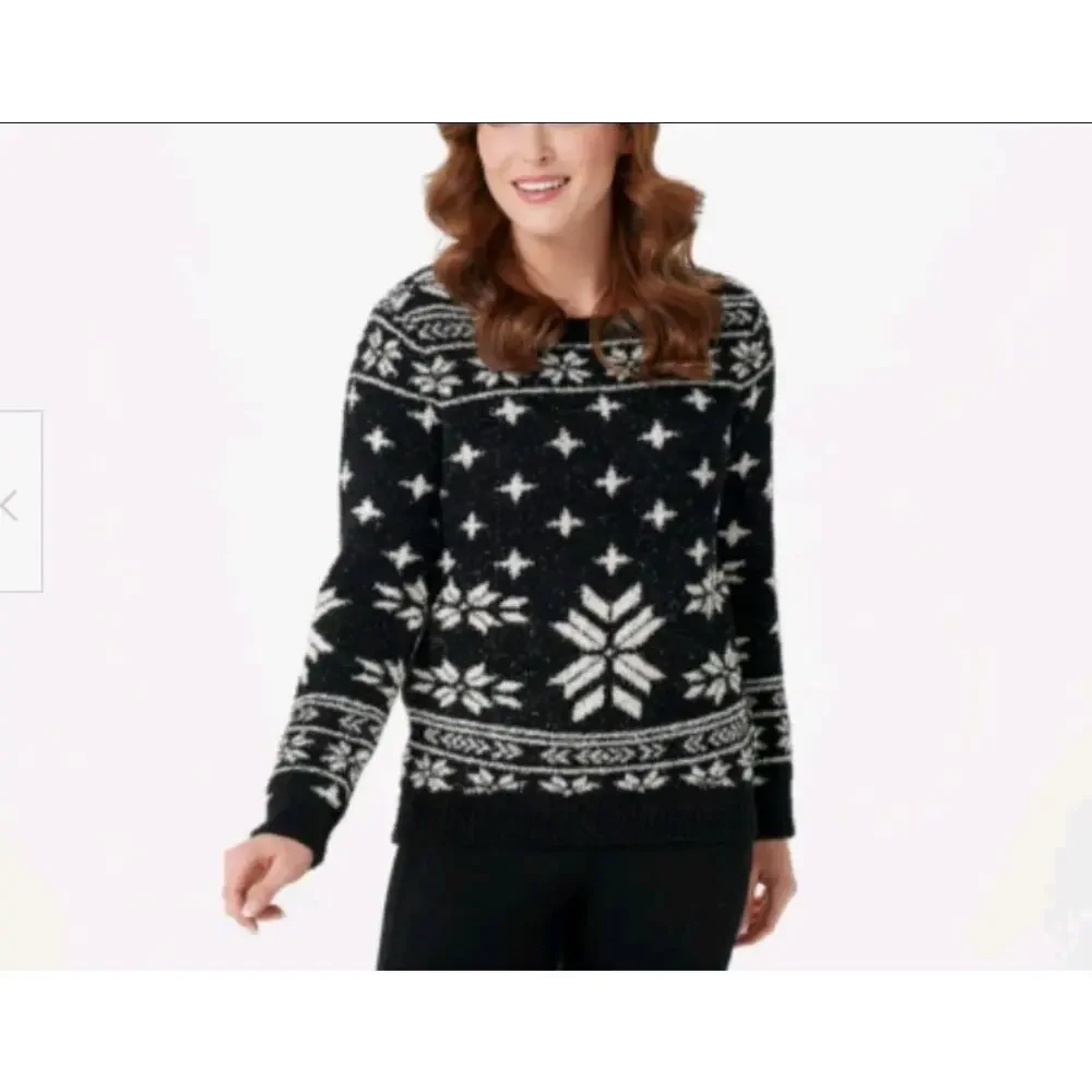 Barefoot Dreams - CozyChic Seaside Crew-Neck Pullover - Black Fair Isle 3XL - Picture 1 of 2
